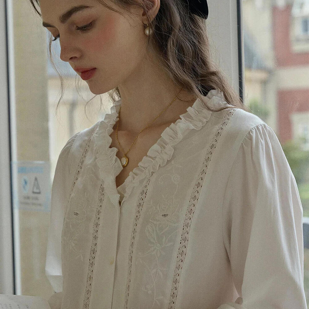 Simple Retro Faith‎ Lace Patchwork Embroidered Off White L Cottagecore Blouse - Picture 2 of 10
